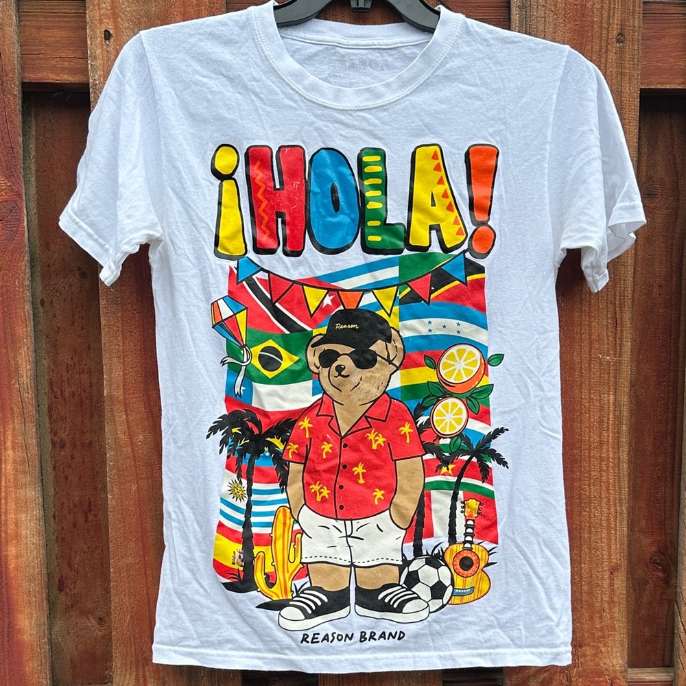 Reason Brand White Kids Shirt with Colorful Hola Design Size S